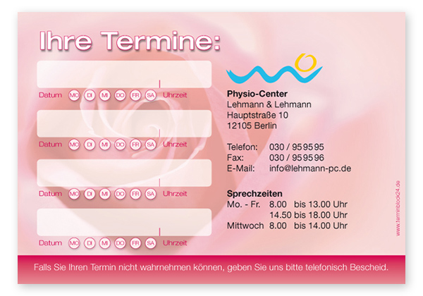 1214010404 Terminzettel "zarte Rose" - 4 Termine mit Wochentagen Terminzettel "zarte Rose" - 4 Termine mit Wochentagen