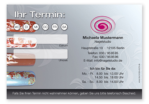1214010148 Terminzettel "creative Nail Art" - 1 Termin mit Wochentagen Terminzettel "creative Nail Art" - 1 Termin mit Wochentagen