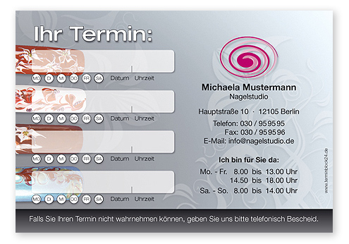 Terminzettel "creative Nail Art" - 4 Termine mit Wochentagen Terminzettel "creative Nail Art" - 4 Termine mit Wochentagen