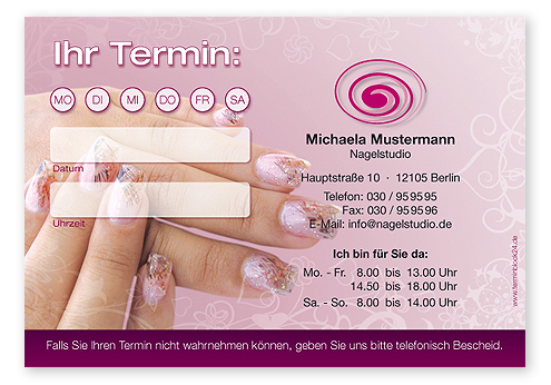 1214010147 Terminzettel "Nail Art" - 1 Termin mit Wochentagen Terminzettel "Nail Art" - 1 Termin mit Wochentagen