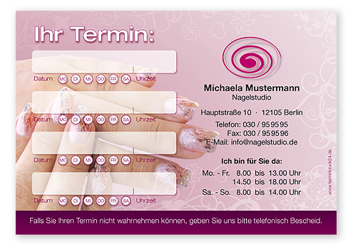 1214010447 Terminzettel "Nail Art" - 4 Termine mit Wochentagen Terminzettel "Nail Art" - 4 Termine mit Wochentagen