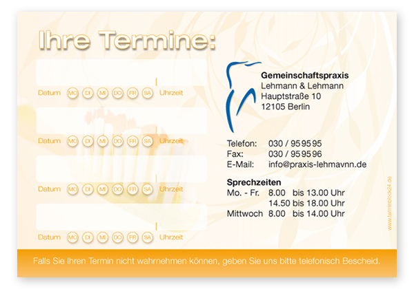 1214010426 Terminzettel "Zahnbürste" - 4 Termine mit Wochentagen Terminzettel "Zahnbürste" - 4 Termine mit Wochentagen